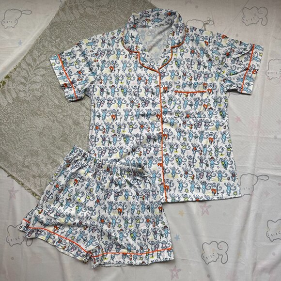 Roller Rabbit Cartoon Monkey Blue Pajama Set - Picture 1 of 7